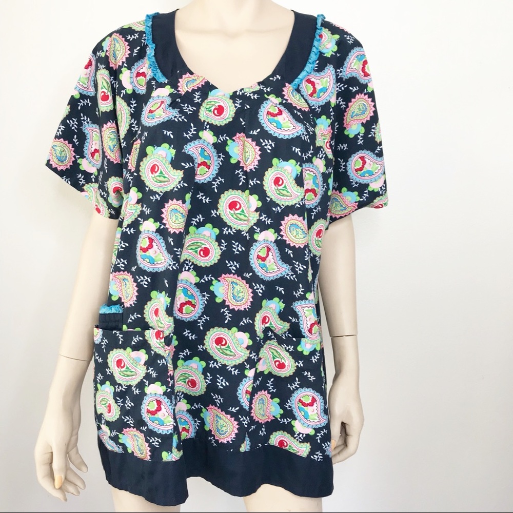 MARY ENGELBREIT Scrub Top Navy Blue Paisley Nurse